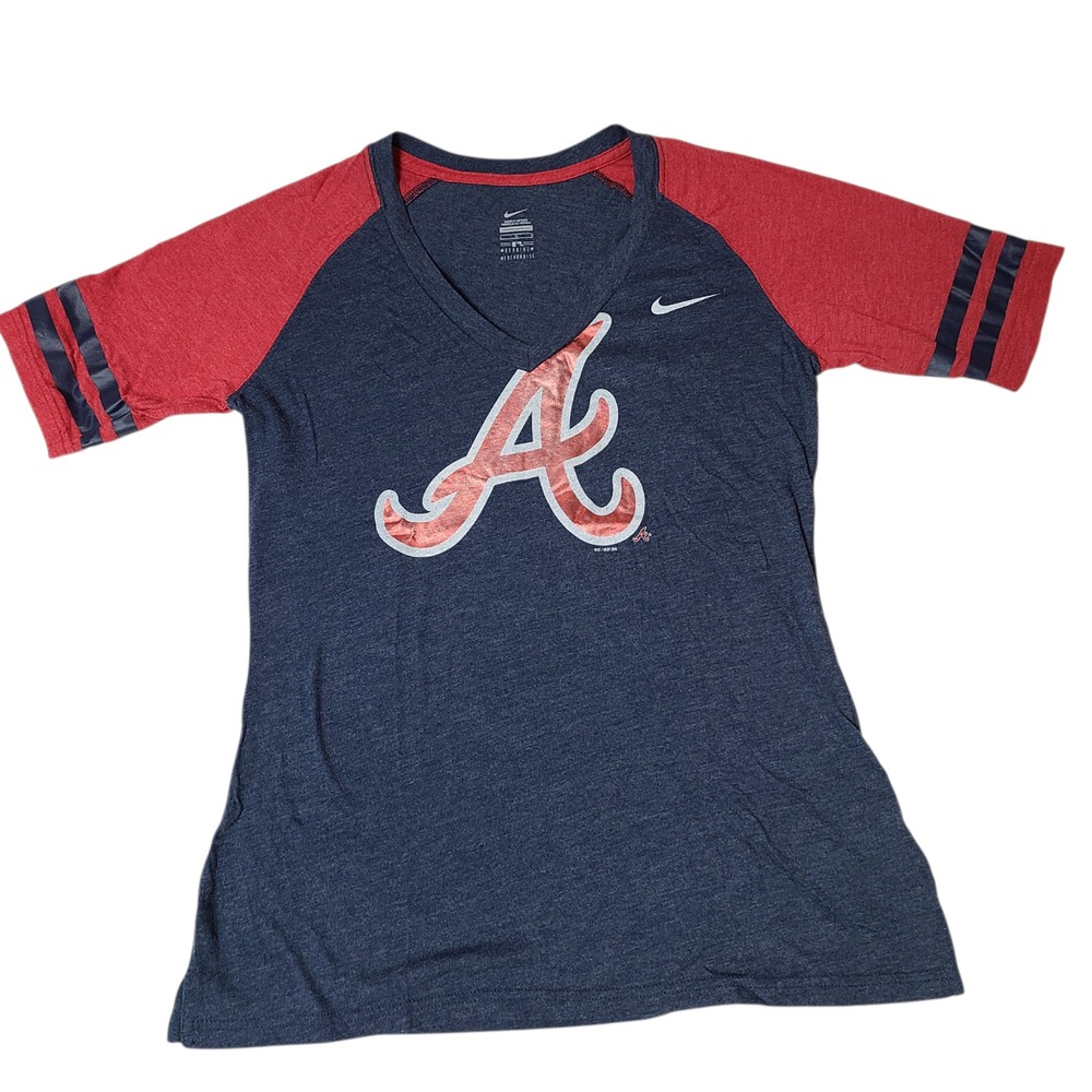 Nike Womens Atlanta Braves V-neck Genuine Merchandise Fan T-Shirt Blue Red Large